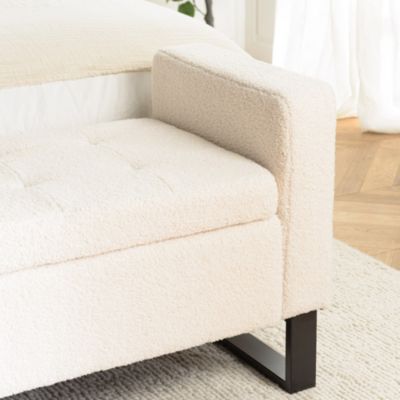 Banc tissu bouclette écru avec rangement et pieds métal noir