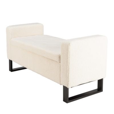 Banc tissu bouclette écru avec rangement et pieds métal noir