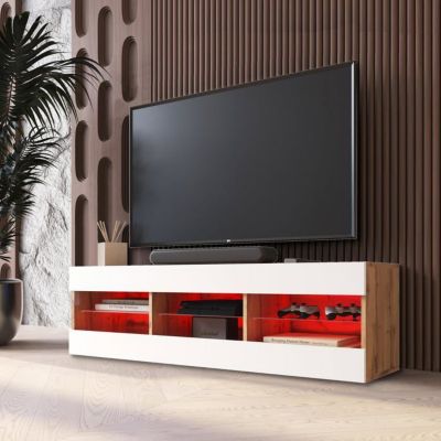 Banc TV Tivoli RTV Komodee - LED RVB - Blanc et Bois Naturel - Facades en Mat - 140 x 41 x 35 cm