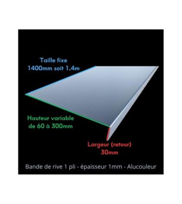 Bande de rive Anodisé, épaisseur 1 mm, 1 pli retour 3 cm , Largeur  28 cm , Longueur 140 cm