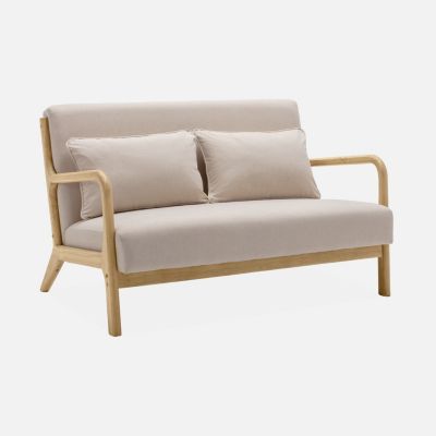 Banquette 2 places + Fauteuil en bois et tissu beige