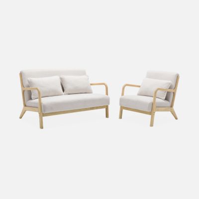 Banquette 2 places + Fauteuil en bois et tissu bouclette