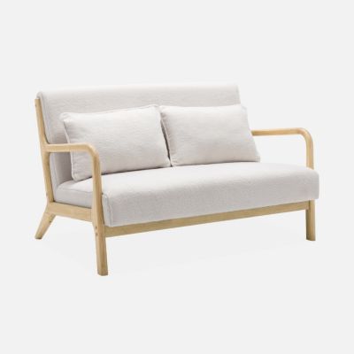 Banquette 2 places scandinave en bois et tissu bouclette. Lorens. L 124 x P 83 x H 77cm