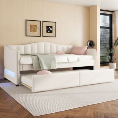 Banquette, 90x200cm, gigogne, lumiere ambiante, tissu, beige, sans matelas