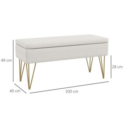 Banquette coffre de rangement 2 en 1 design art déco - piètement épingle acier doré tissu crème