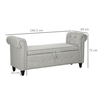 Banquette coffre de rangement 2 en 1 design Chesterfield accoudoirs courbés capitonnés piètement bois noir aspect lin gris