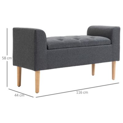 Banquette coffre de rangement 2 en 1 design Chesterfield capitonnée accoudoirs courbés pieds effilés bois d'hévéa aspect lin gris