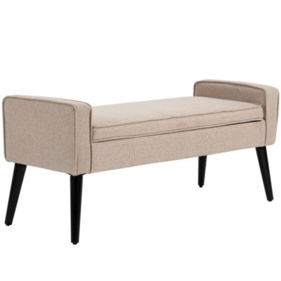 Banquette coffre de rangement 2 en 1 style contemporain pieds effilés bois d'hévéa noir aspect lin beige