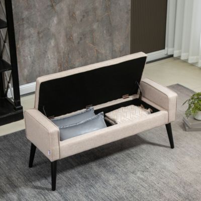 Banquette coffre de rangement 2 en 1 style contemporain pieds effilés bois d'hévéa noir aspect lin beige