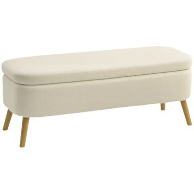 Banquette coffre de rangement style nordique bouclette piètement bois beige clair