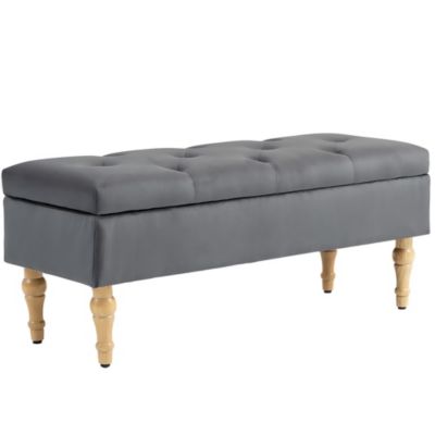 Banquette coffre style baroque - piètement bois assise effet capitonné velours gris