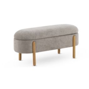 Banquette coffre tapissée en boucle grise avec structure et pieds en pin