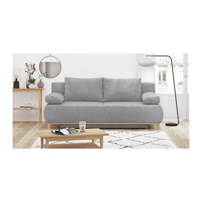 Banquette convertible 3 places MIKA - Velours côtelé gris clair - Coffre de rangement - L 192 x H 84 x P 93 cm