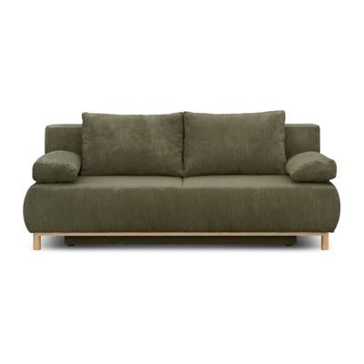 Banquette convertible 3 places MIKA - Velours côtelé vert kaki - Coffre de rangement - L 192 x H 84 x P 93 cm