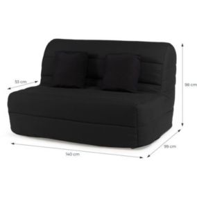 Banquette convertible tissu noir + 2 coussins noirs 140 x 99 x Hauteur 98 cm