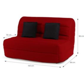 Banquette convertible tissu rouge + 2 coussins noirs 140 x 99 x Hauteur 98 cm