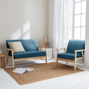 Banquette et fauteuil scandinave en bois et tissu bleu pétrole L 114 x l 69.5 x H 73cm