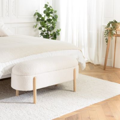 Banquette tissu bouclette écru avec rangement et pieds bois