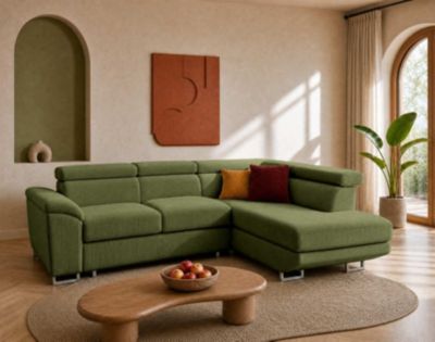 Baoji - Canapé d'angle droit 5 places convertible avec têtières et coffre en velours côtelé - Best Mobilier