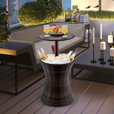 Bar Cool Seau à Glace Relevable avec Compartiment à Glace 17 L Table de Jardin en Rotin avec Bassine à Glaçons