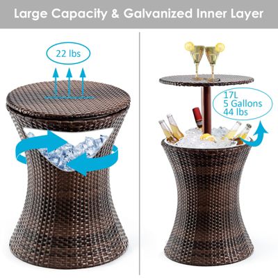 Bar Cool Seau à Glace Relevable avec Compartiment à Glace 17 L Table de Jardin en Rotin avec Bassine à Glaçons