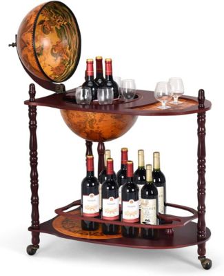 Bar Globe Rangement Vin en Bois Rack Cabinet Globe avec 3 Pieds Casier Bouteilles en Bois avec 3 roulettes Marron XL