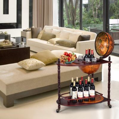 Bar Globe Rangement Vin en Bois Rack Cabinet Globe avec 3 Pieds Casier Bouteilles en Bois avec 3 roulettes Marron XL