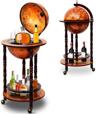 Bar Globe Terrestre avec 3 Roues Porte Bouteilles en Bois Mini Bar Roulant 4 Compartiments Bon Cadeau