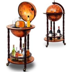 Bar Globe Terrestre avec 3 Roues Porte Bouteilles en Bois Mini Bar Roulant 4 Compartiments Bon Cadeau