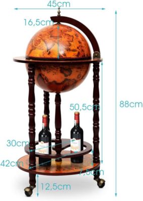 Bar Globe Terrestre avec 3 Roues Porte Bouteilles en Bois Mini Bar Roulant 4 Compartiments Bon Cadeau