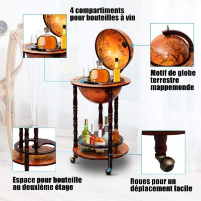 Bar Globe Terrestre avec 3 Roues Porte Bouteilles en Bois Mini Bar ...