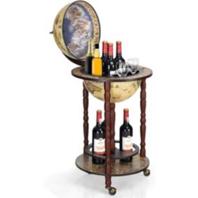 Bar Globe Terrestre Mappemonde en Bois Eucalyptus Support de Vin sous Forme de Globe Bois Monte sur Roues Style Ancient