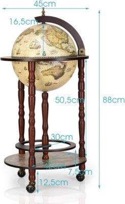 Bar Globe Terrestre Mappemonde en Bois Eucalyptus Support de Vin sous Forme de Globe Bois Monte sur Roues Style Ancient