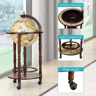 Bar Globe Terrestre Vintage Sur Pied En Bois D'eucalyptus Avec Roulettes