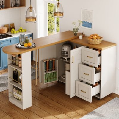 Bar mobile extensible 135-228 cm blanc en MDF avec roulettes et rangements
