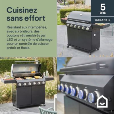 Barbecue à gaz GoodHome Praden noir 6 brûleurs 16 personnes