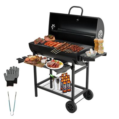 Barbecue au charbon de bois, barbecue au charbon de bois XXL avec couvercle, tiroir à cendres, gants résistants à la chaleur, avec