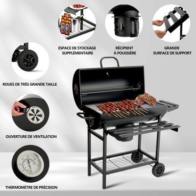 Barbecue au charbon de bois, barbecue au charbon de bois XXL avec couvercle, tiroir à cendres, gants résistants à la chaleur, avec