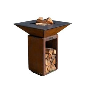 Barbecue à bois Braséro avec plancha d'extérieur Cévenol Bois 74x74x90, en corten véritable - 100% fabriqué en France Grill'Chic