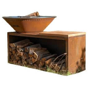 Barbecue à bois Le Traditionnel Braséro avec plancha d'extérieur 100x90 DOUBLE CUVE, en corten  - fabriqué en France - Grill'Chic