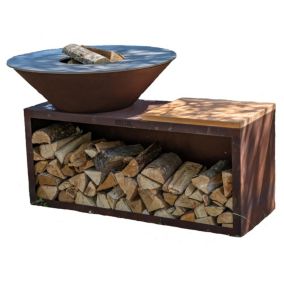 Barbecue à bois Le Traditionnel Braséro avec plancha d'extérieur 100x90, en corten véritable - 100% fabriqué en France Grill'Chic