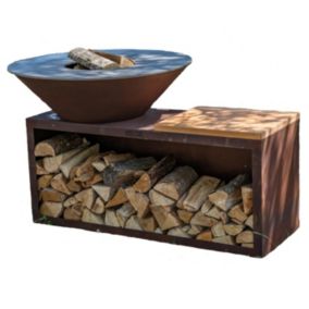 Barbecue à bois Le Traditionnel Braséro avec plancha d'extérieur 80x90, en corten véritable - 100% fabriqué en France - Grill'Chic