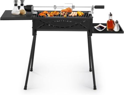 Barbecue à Charbon avec Fourchette électrique et 2 Grilles en Acier Inoxydable Pied Amovible Portable pour 6-8 Personnes