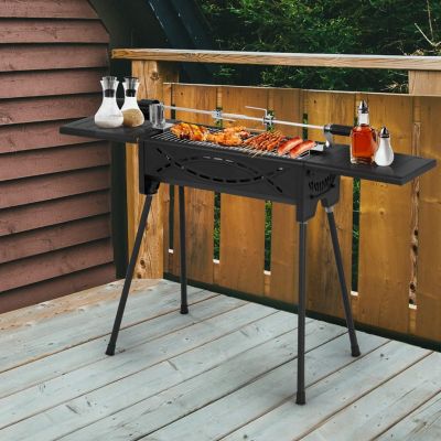 Barbecue à Charbon avec Fourchette électrique et 2 Grilles en Acier Inoxydable Pied Amovible Portable pour 6-8 Personnes