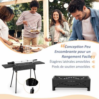 Barbecue à Charbon avec Fourchette électrique et 2 Grilles en Acier Inoxydable Pied Amovible Portable pour 6-8 Personnes