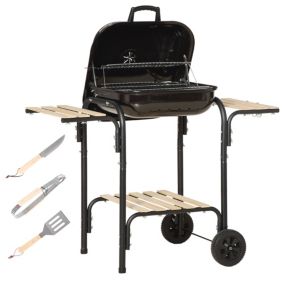Barbecue à charbon - couvercle, roulettes, 3 étagères, 2 grilles, accessoires, cuve charbon amovible - bois acier émaillé noir