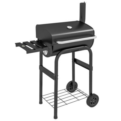 Barbecue charbon de bois avec couvercle 2 roues tablette pliable étagère cheminée thermomètre grilles acier chromée