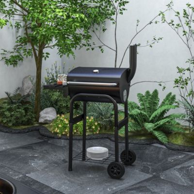 Barbecue charbon de bois avec couvercle 2 roues tablette pliable étagère cheminée thermomètre grilles acier chromée