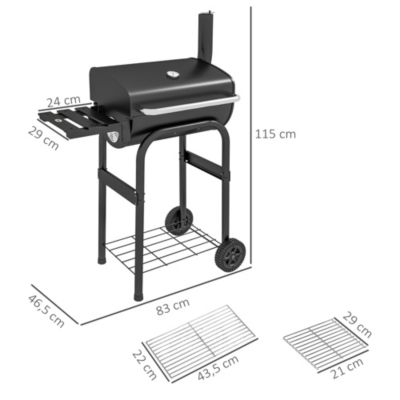 Barbecue charbon de bois avec couvercle 2 roues tablette pliable étagère cheminée thermomètre grilles acier chromée