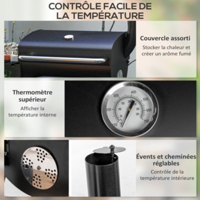 Barbecue charbon de bois avec couvercle 2 roues tablette pliable étagère cheminée thermomètre grilles acier chromée